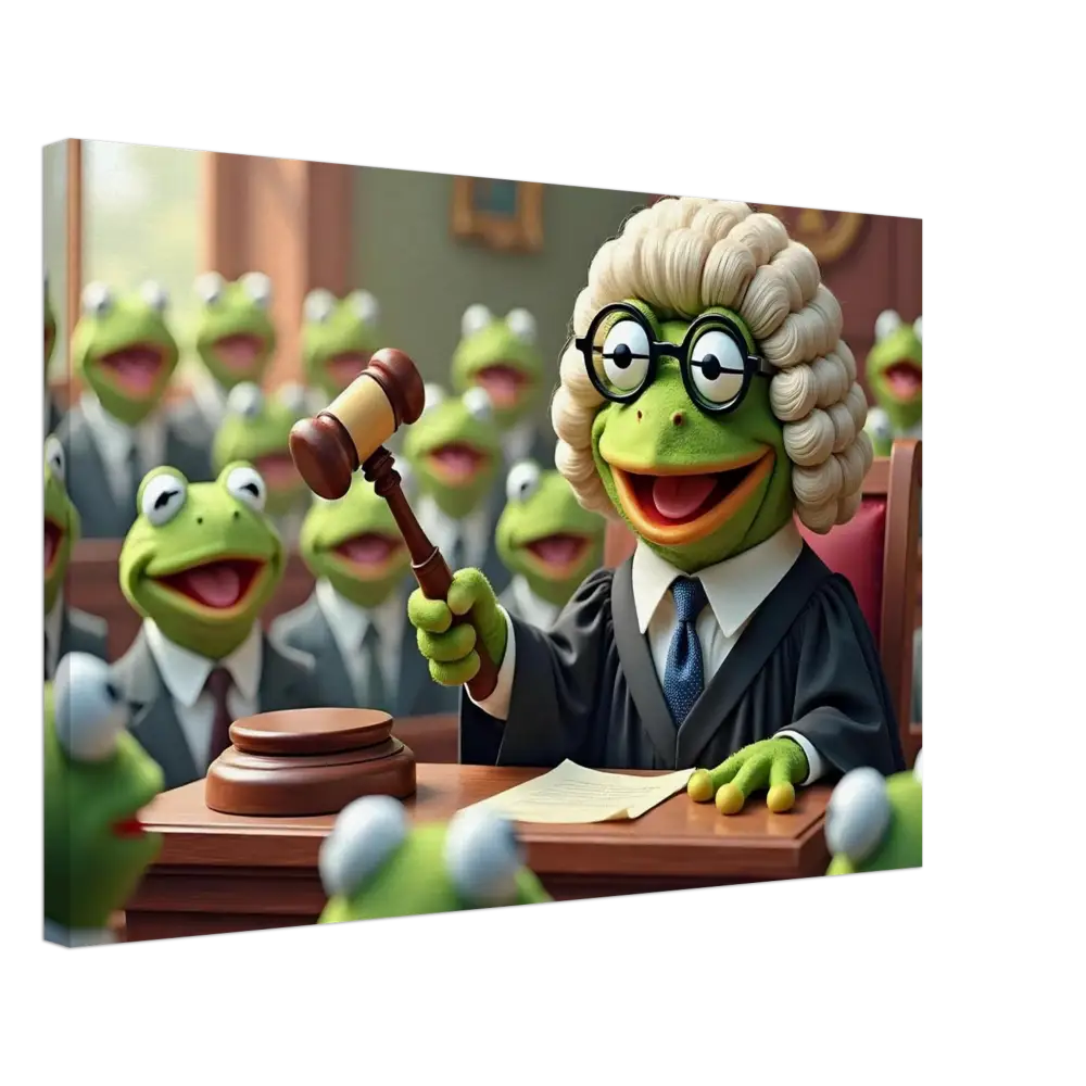 Kermit the Frog as a judge holding gavel in surreal Frog Courtroom Canvas wall art