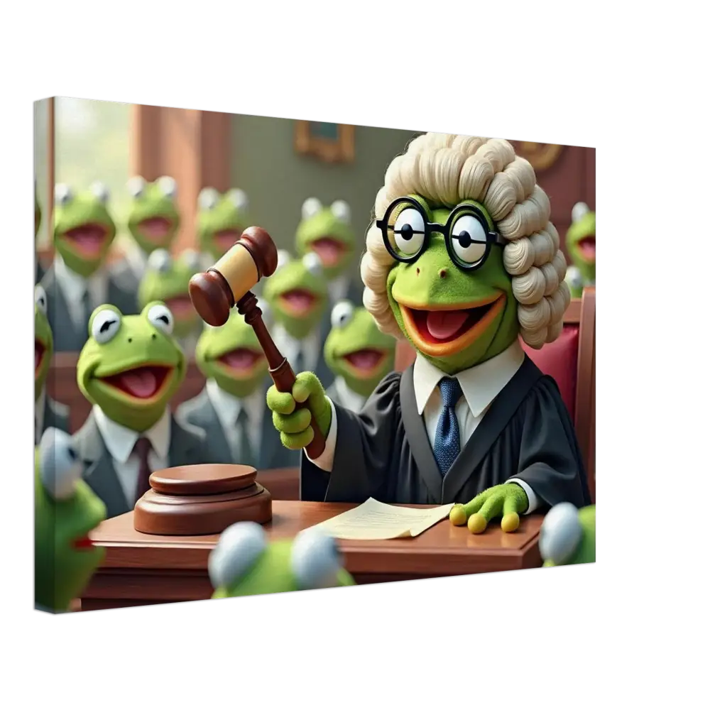Frog judge with gavel on judicial bench in surreal courtroom wall art display
