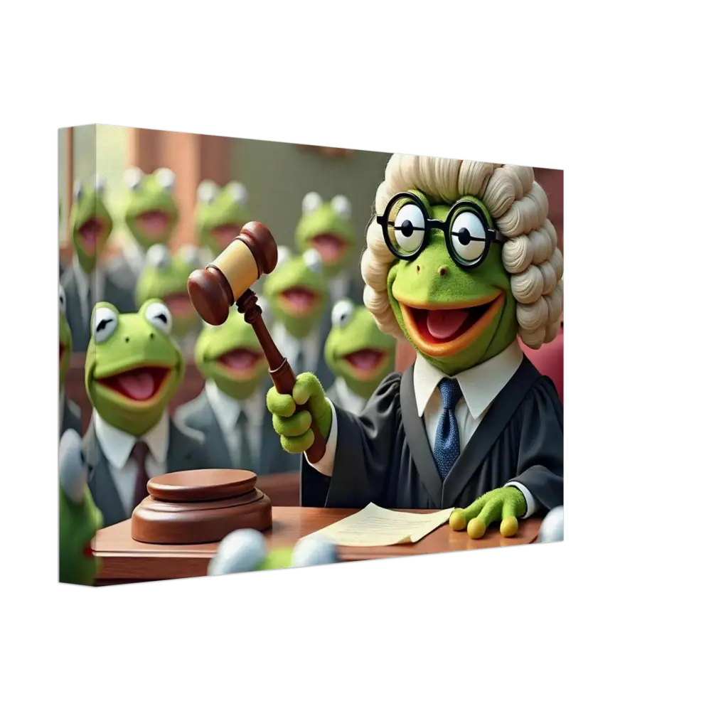 Frog judge with gavel on surreal courtroom canvas wall art in PixiOnyx collection