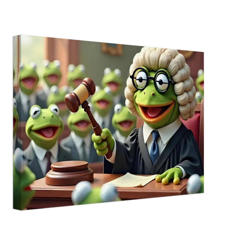 Frog judge with gavel artwork on PixiOnyx surreal courtroom wall display