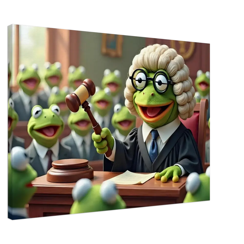 Kermit the Frog judge with gavel on Frog Courtroom Canvas by PixiOnyx Surreal Wall Display
