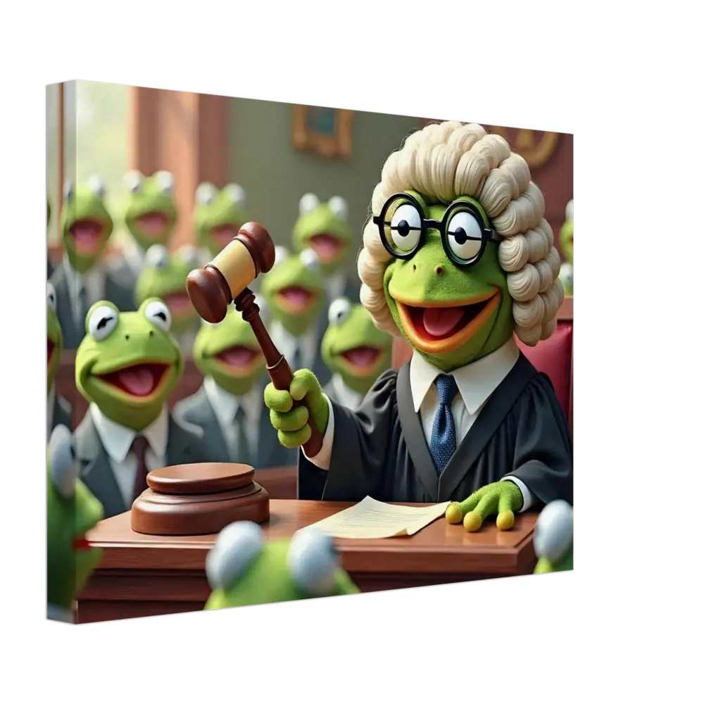 Frog judge with gavel on courtroom canvas wall art for surreal amphibian trial scene