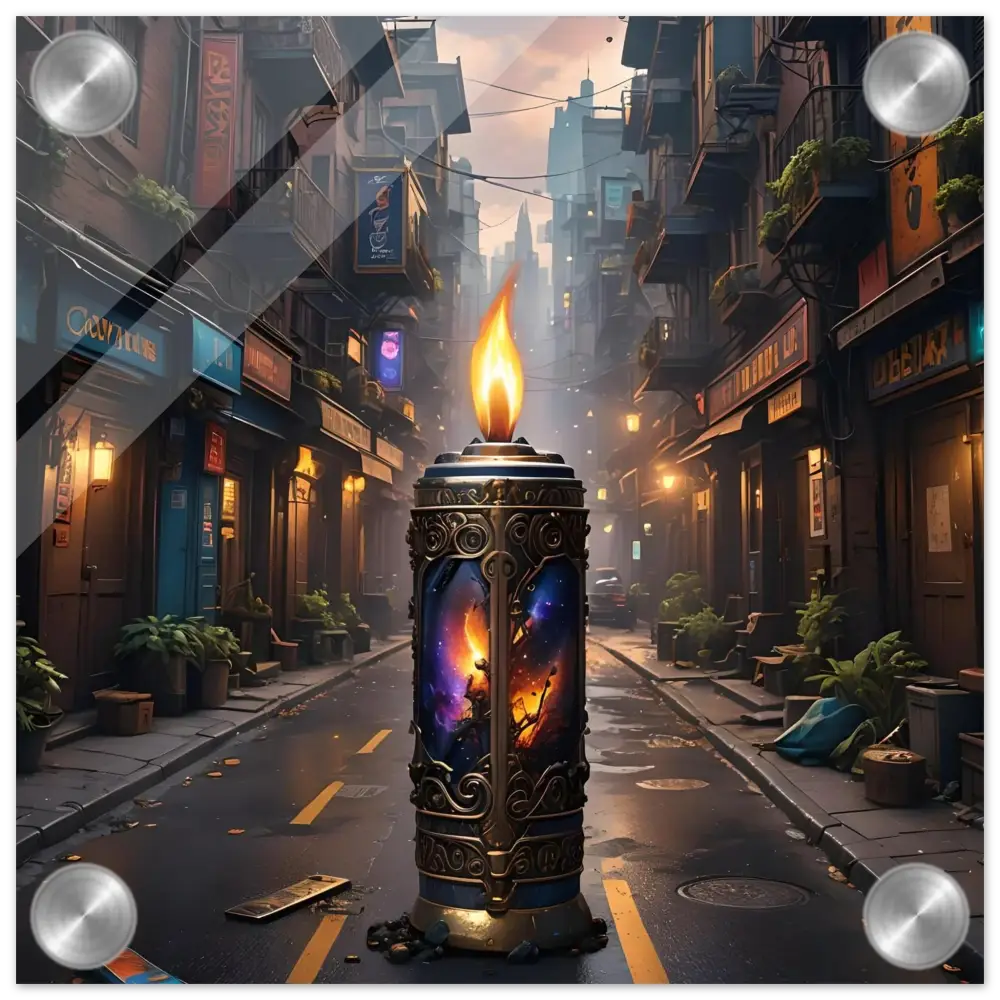 Ornate candle featuring cosmic imagery on Galactic Flame Acrylic Wall Art by PixiOnyx