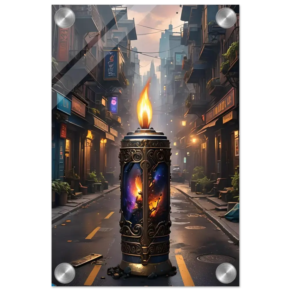Ornate candle with cosmic imagery from Galactic Flame Acrylic Wall Art by PixiOnyx