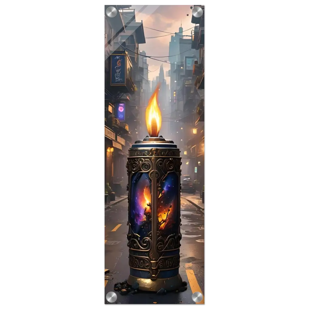 Ornate candle with cosmic imagery from Galactic Flame Acrylic Wall Art PixiOnyx Exclusive