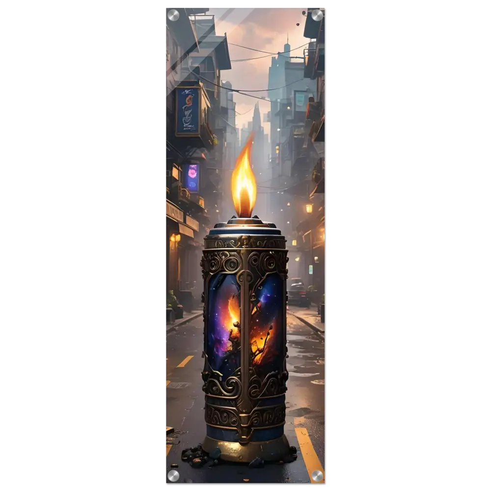 Ornate candle featuring cosmic imagery displayed on Galactic Flame Acrylic Wall Art by PixiOnyx