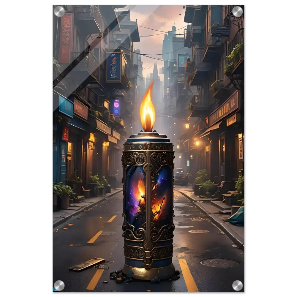Ornate candle with a cosmic interior displayed as Galactic Flame acrylic wall art by PixiOnyx