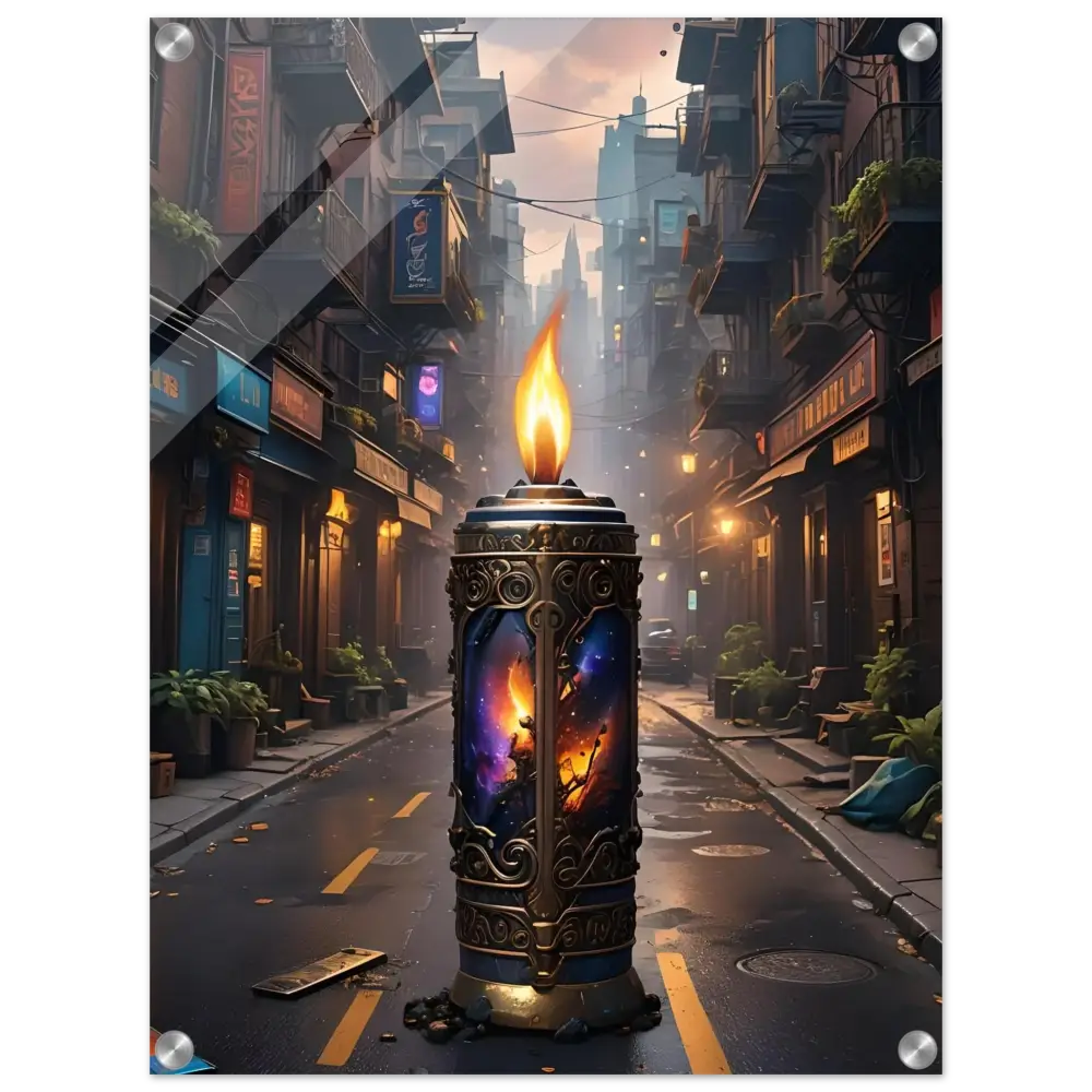 Ornate candle with cosmic interior artwork from Galactic Flame Acrylic Wall Art by PixiOnyx