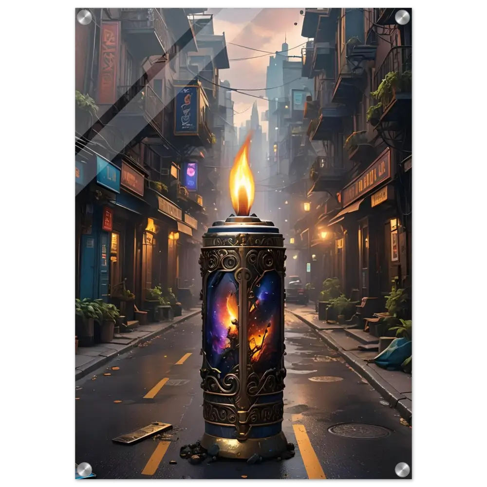 Ornate candle with a cosmic scene depicted on Galactic Flame Acrylic Wall Art by PixiOnyx