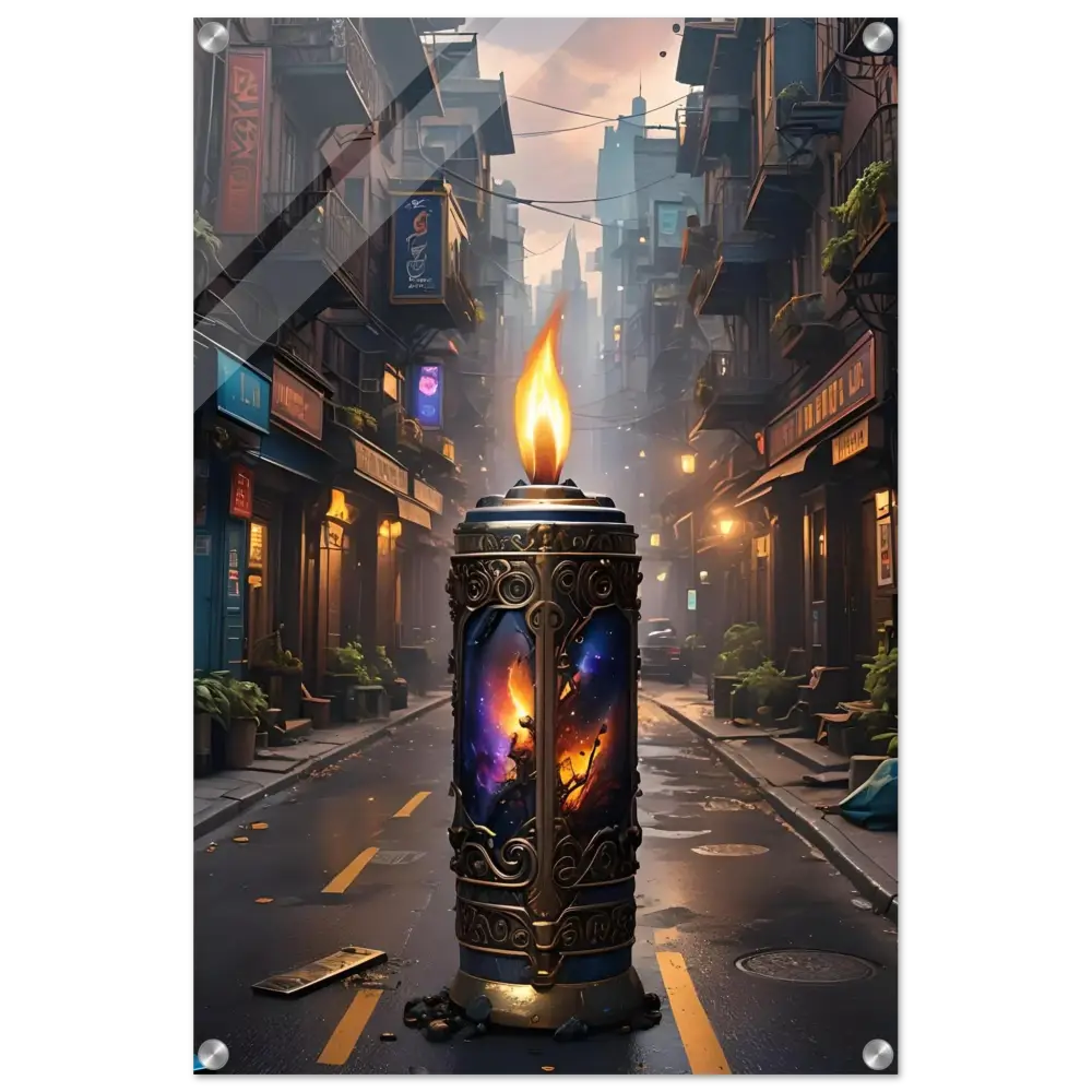 Ornate candle with cosmic imagery on Galactic Flame Acrylic Wall Art by PixiOnyx