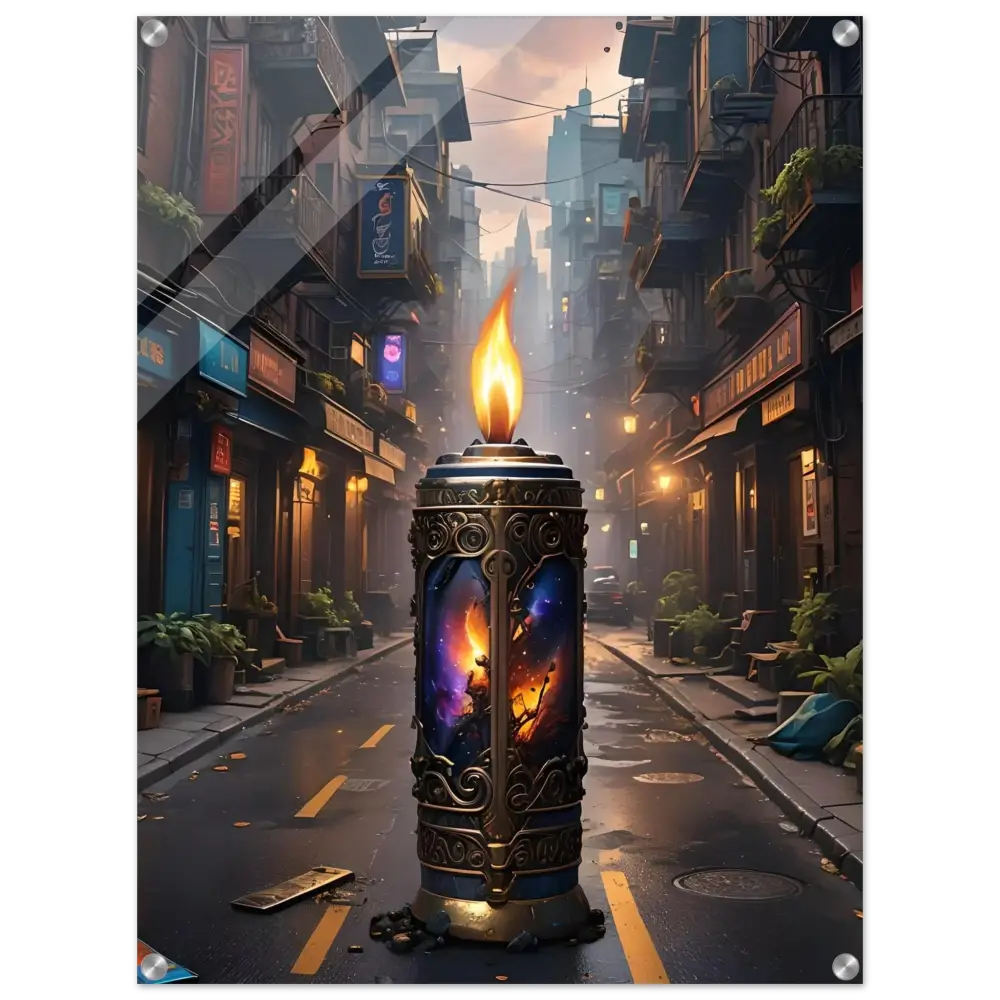 Ornate candle featuring cosmic interior art on Galactic Flame acrylic wall piece by PixiOnyx