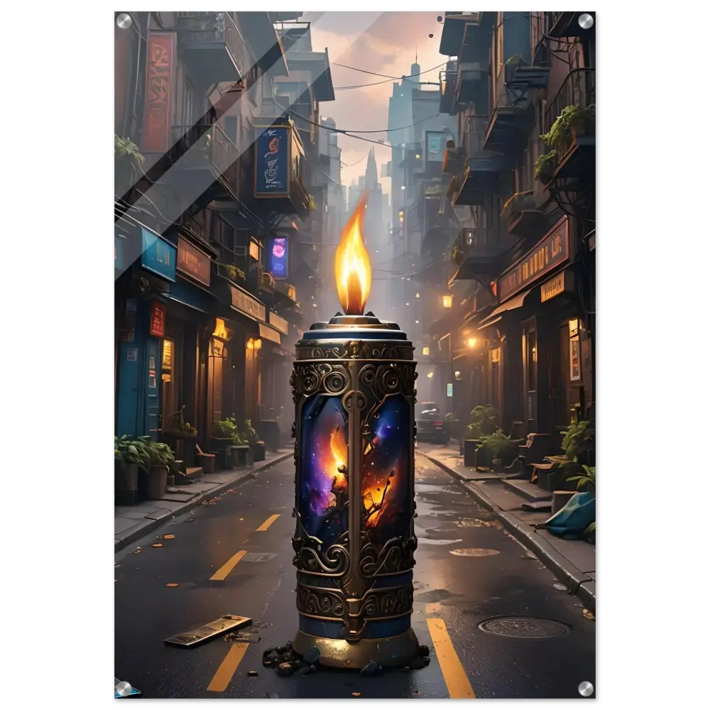 Ornate candle with cosmic imagery displayed on Galactic Flame Acrylic Wall Art by PixiOnyx