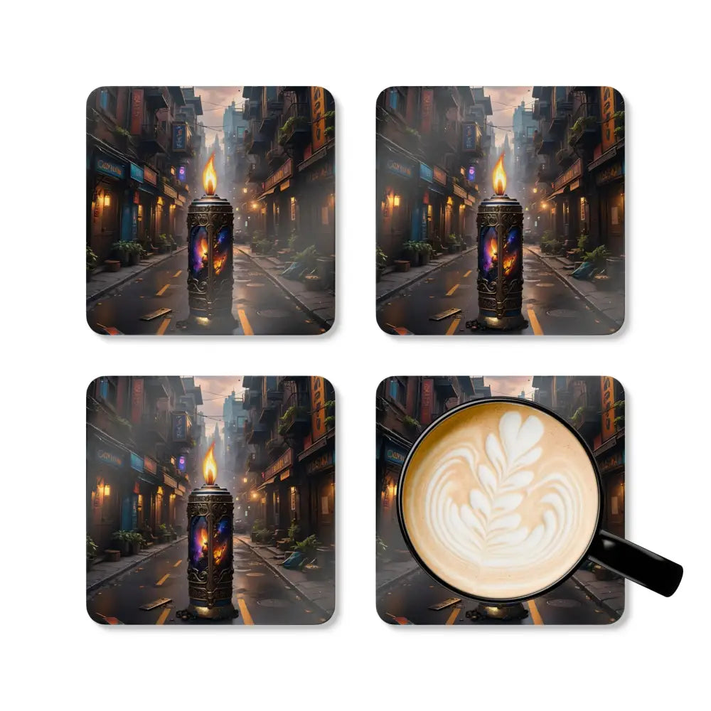 Set of four Galactic Flame coasters with cosmic streetlight design from PixiOnyx Nightburn Series