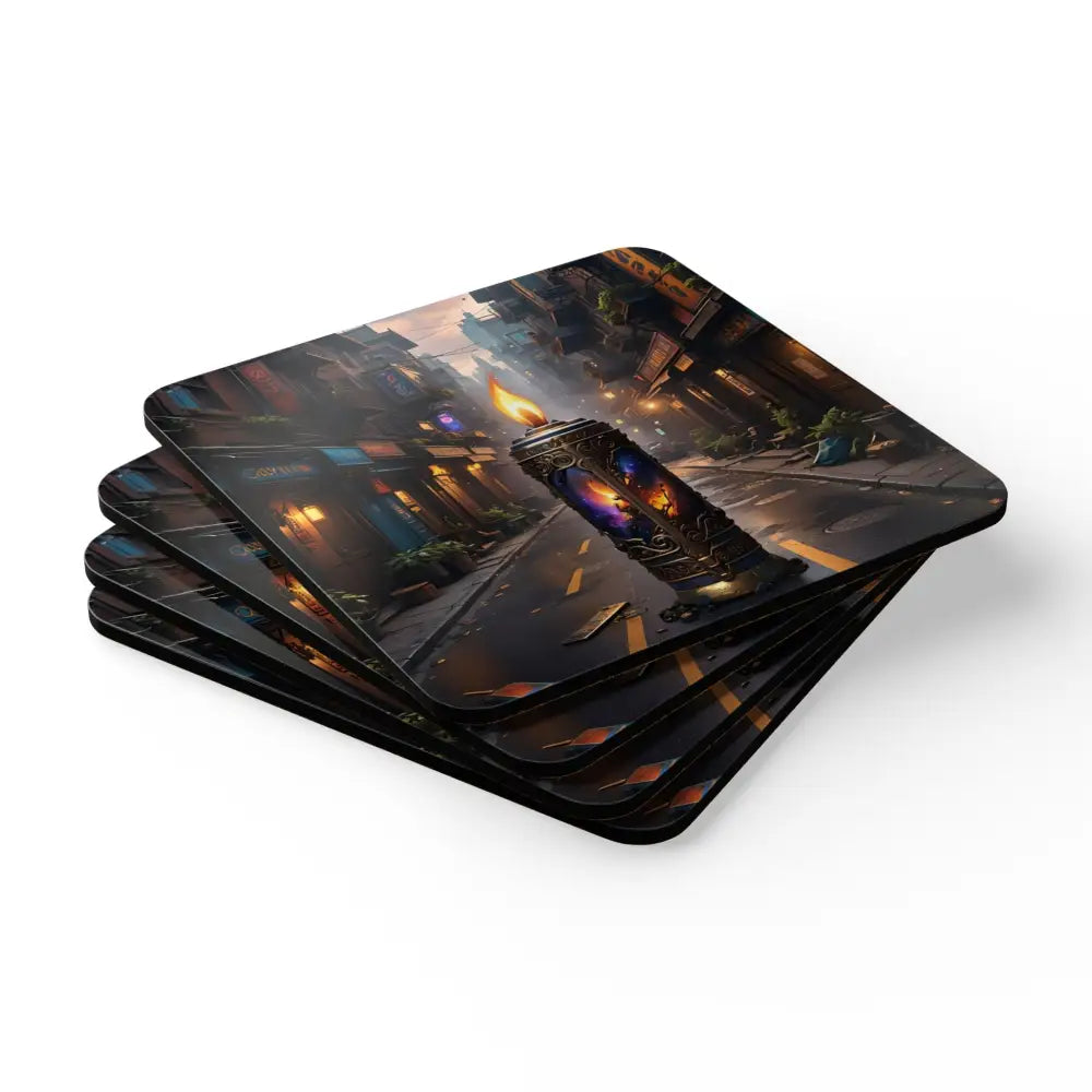 Square coasters with a city street scene from the Galactic Flame Coaster Set PixiOnyx Nightburn Series