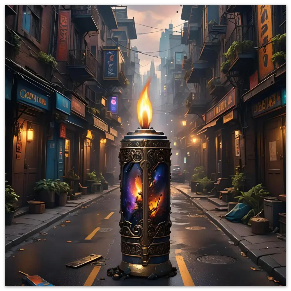 Ornate candle with celestial imagery from Galactic Flame Fine Art Poster by PixiOnyx