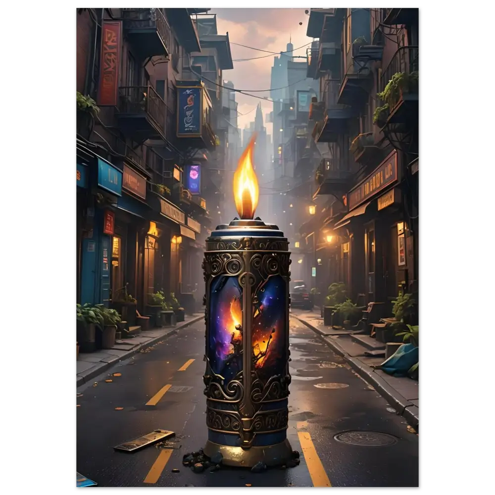Ornate candle featuring cosmic imagery from Galactic Flame Fine Art Poster PixiOnyx Exclusive