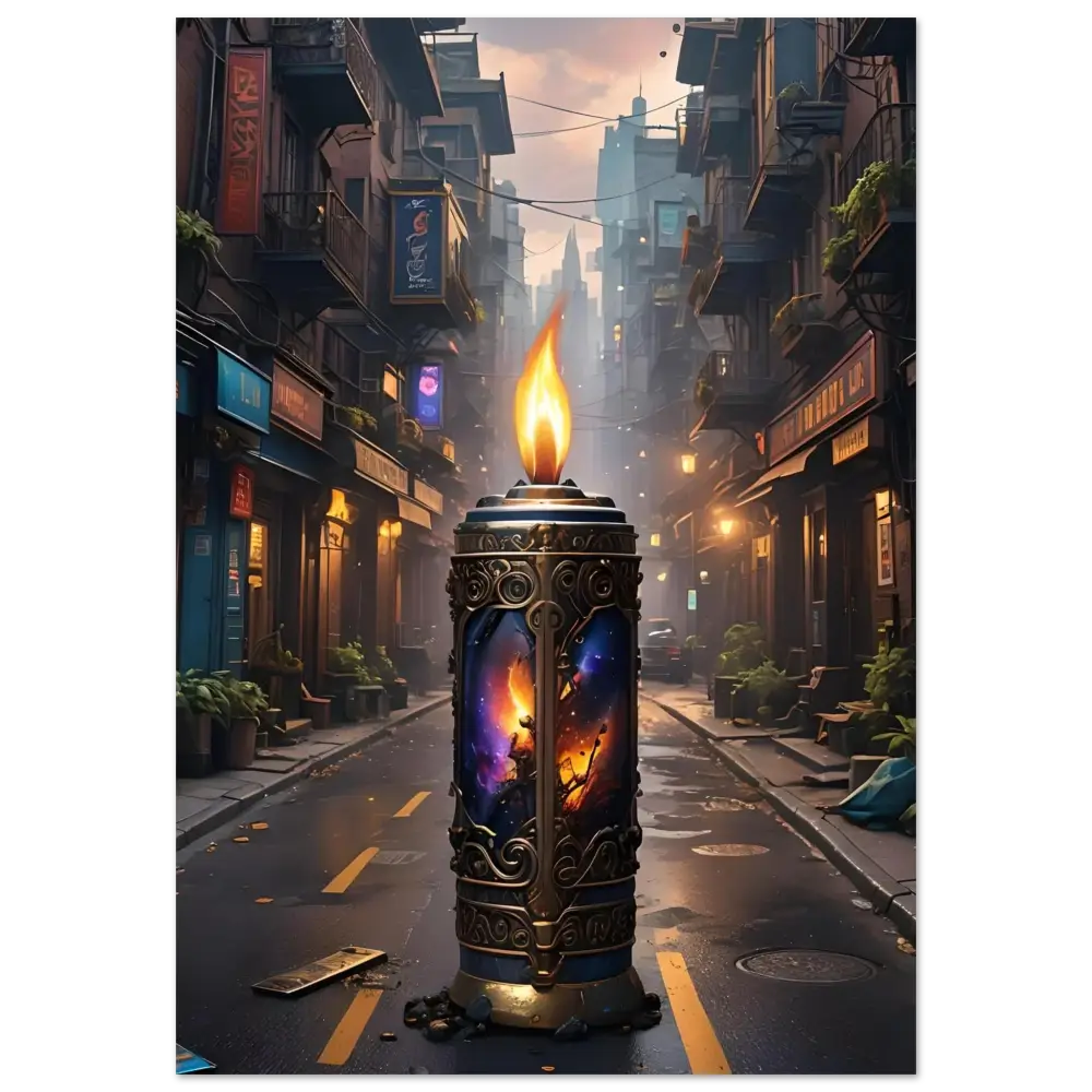 Ornate candle with cosmic imagery from Galactic Flame Fine Art Poster PixiOnyx Exclusive