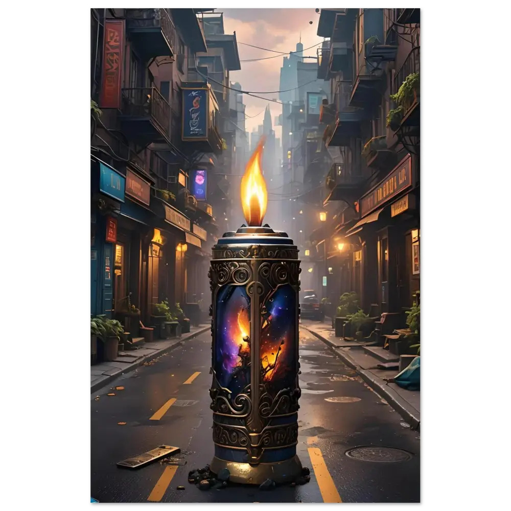 Ornate candle with cosmic imagery on Galactic Flame Metal Print by PixiOnyx Exclusive