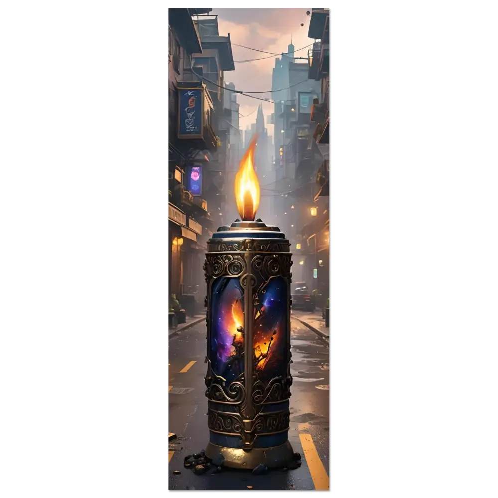 Ornate candle with cosmic imagery from Galactic Flame Metal Print by PixiOnyx Exclusive
