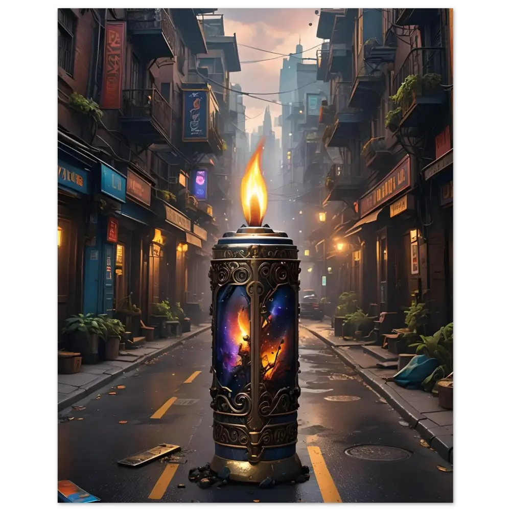 Ornate candle with cosmic imagery on Galactic Flame Metal Print PixiOnyx Exclusive