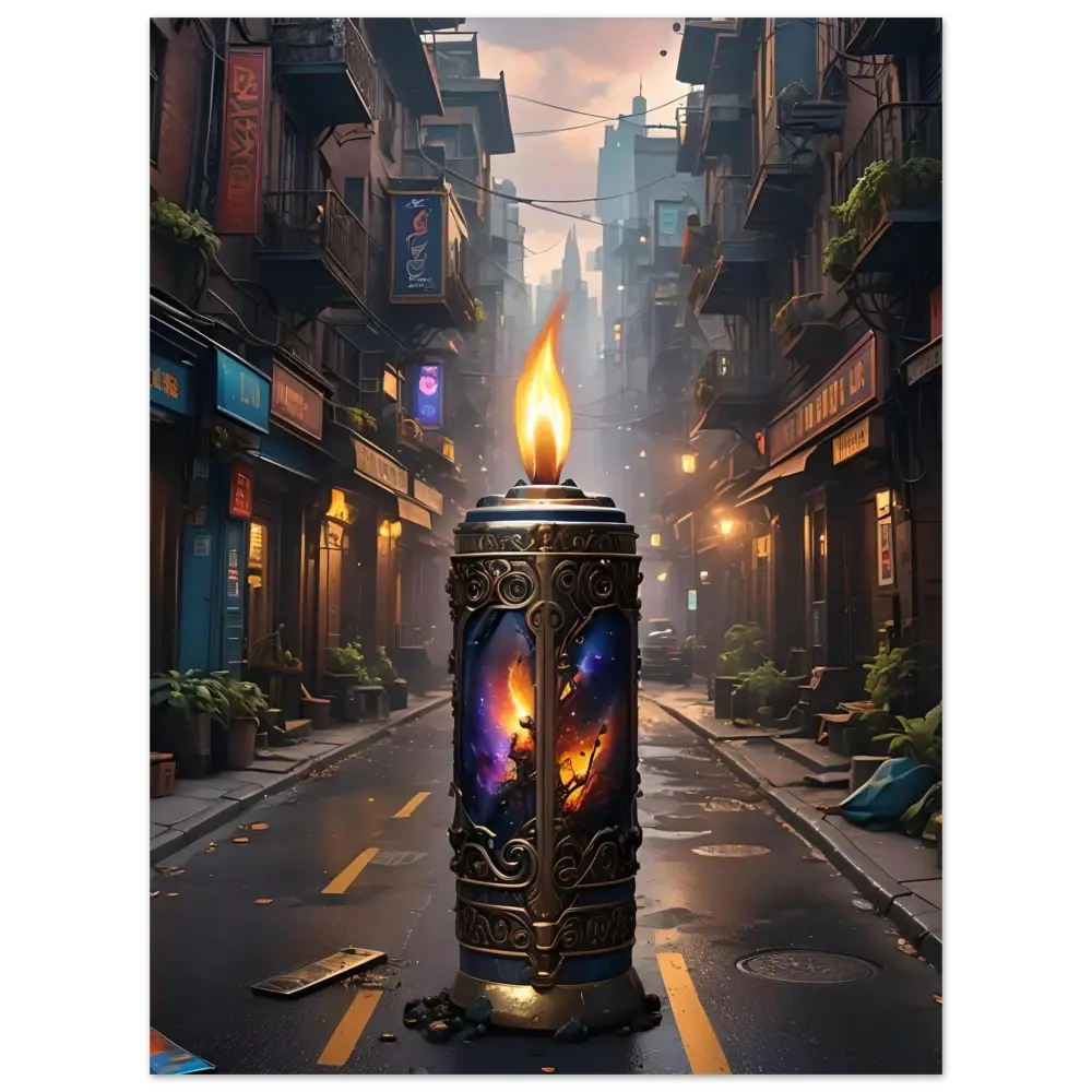 Ornate candle featuring cosmic imagery on the Galactic Flame Metal Print by PixiOnyx