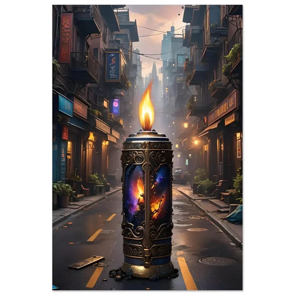 Ornate candle with cosmic imagery on Galactic Flame Metal Print by PixiOnyx Exclusive