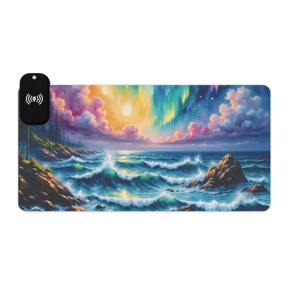 Gaming Mouse Pad Celestial Tide with vibrant aurora borealis ocean wave design and wireless charger
