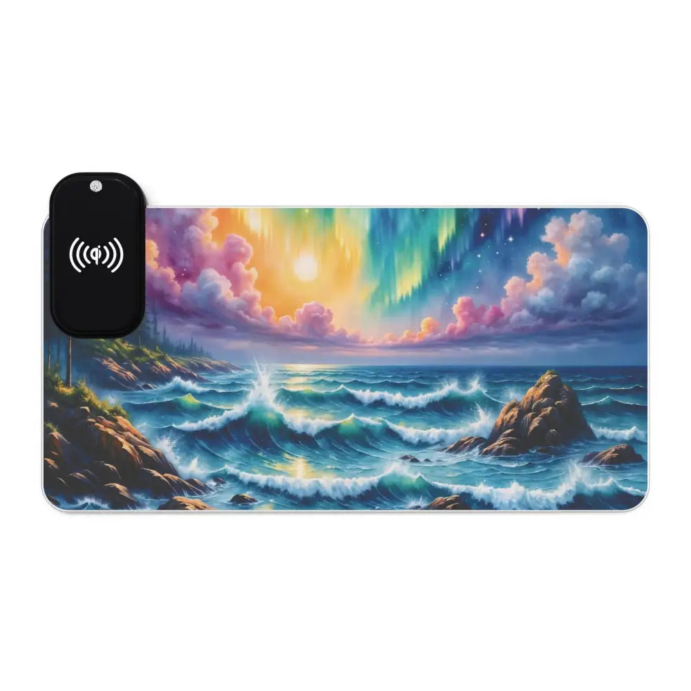 Gaming Mouse Pad Celestial Tide with vibrant coastal aurora borealis scene and wireless charging