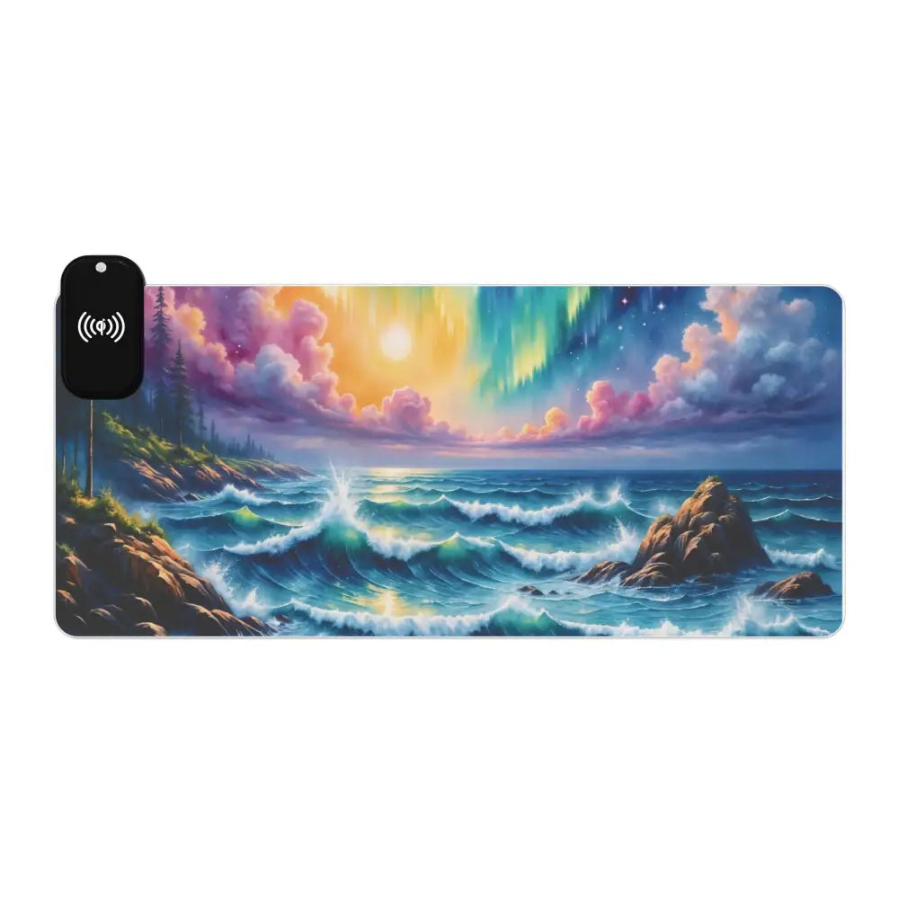 Gaming Mouse Pad Celestial Tide with ocean and aurora borealis design and wireless charger