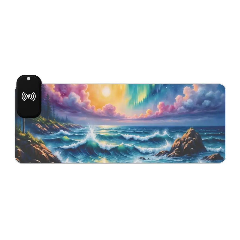 Gaming mouse pad Celestial Tide with vibrant coastal design and wireless charging pad