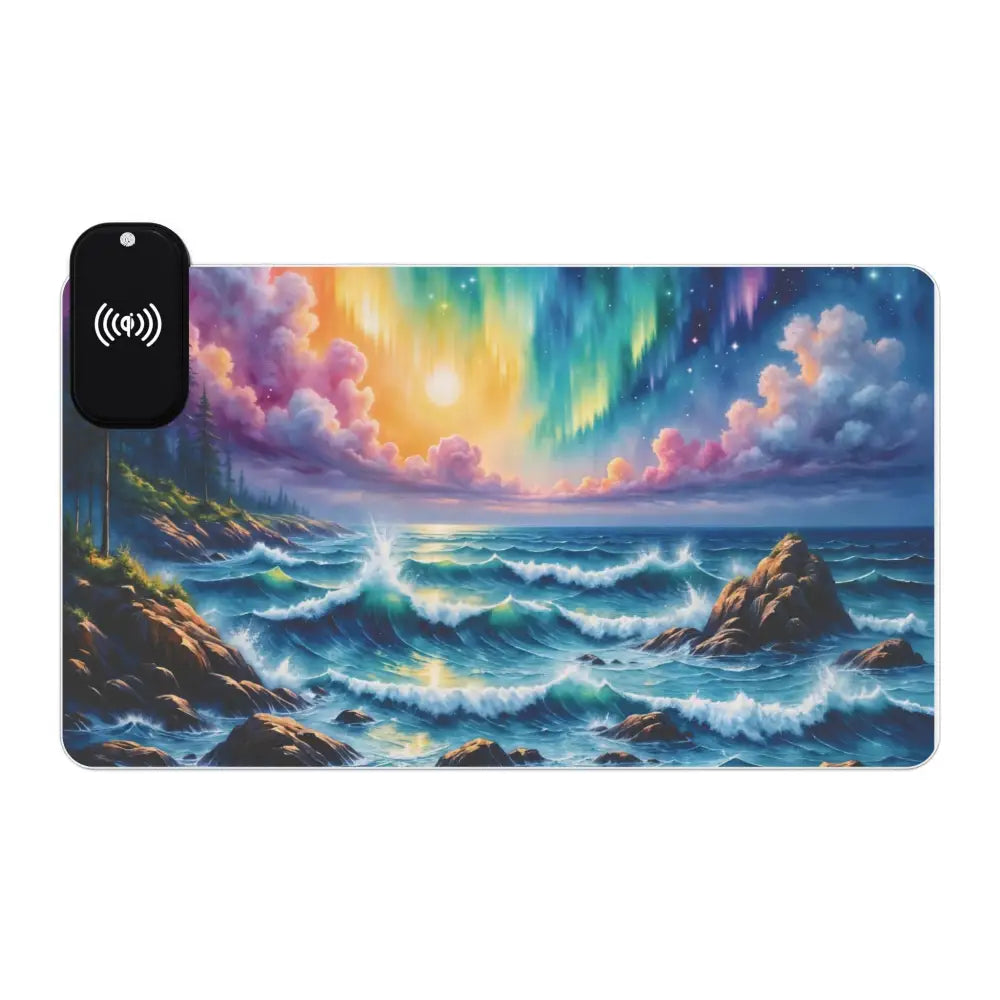 Gaming mouse pad Celestial Tide with aurora borealis ocean waves design and wireless charger