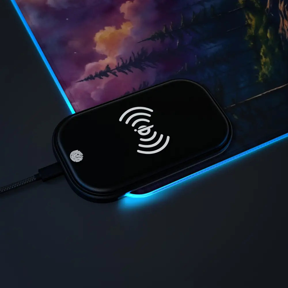 Black wireless charger with blue LED light strip on Celestial Tide Gaming Mouse Pad
