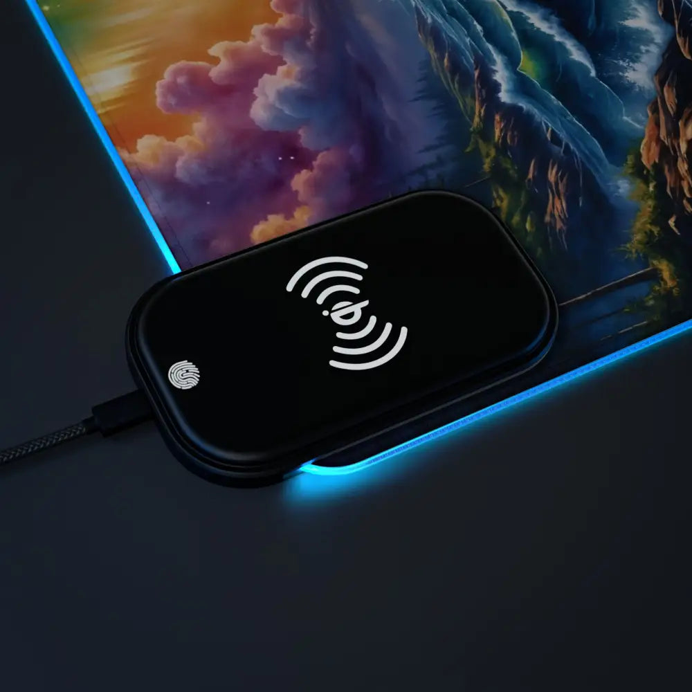 Gaming Mouse Pad Celestial Tide with Black Wireless Charging Pad and Blue Edge