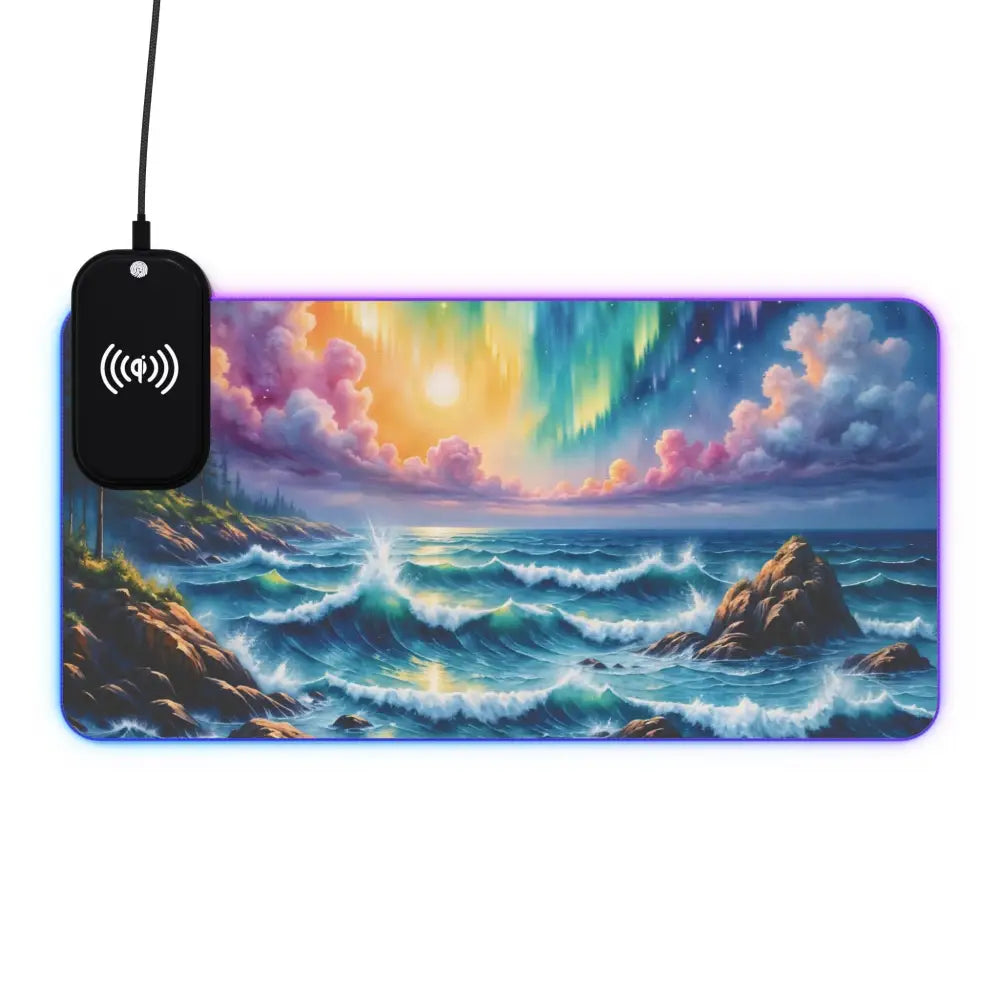 RGB gaming mouse pad with coastal landscape and northern lights design, celestial tide theme, wireless charging