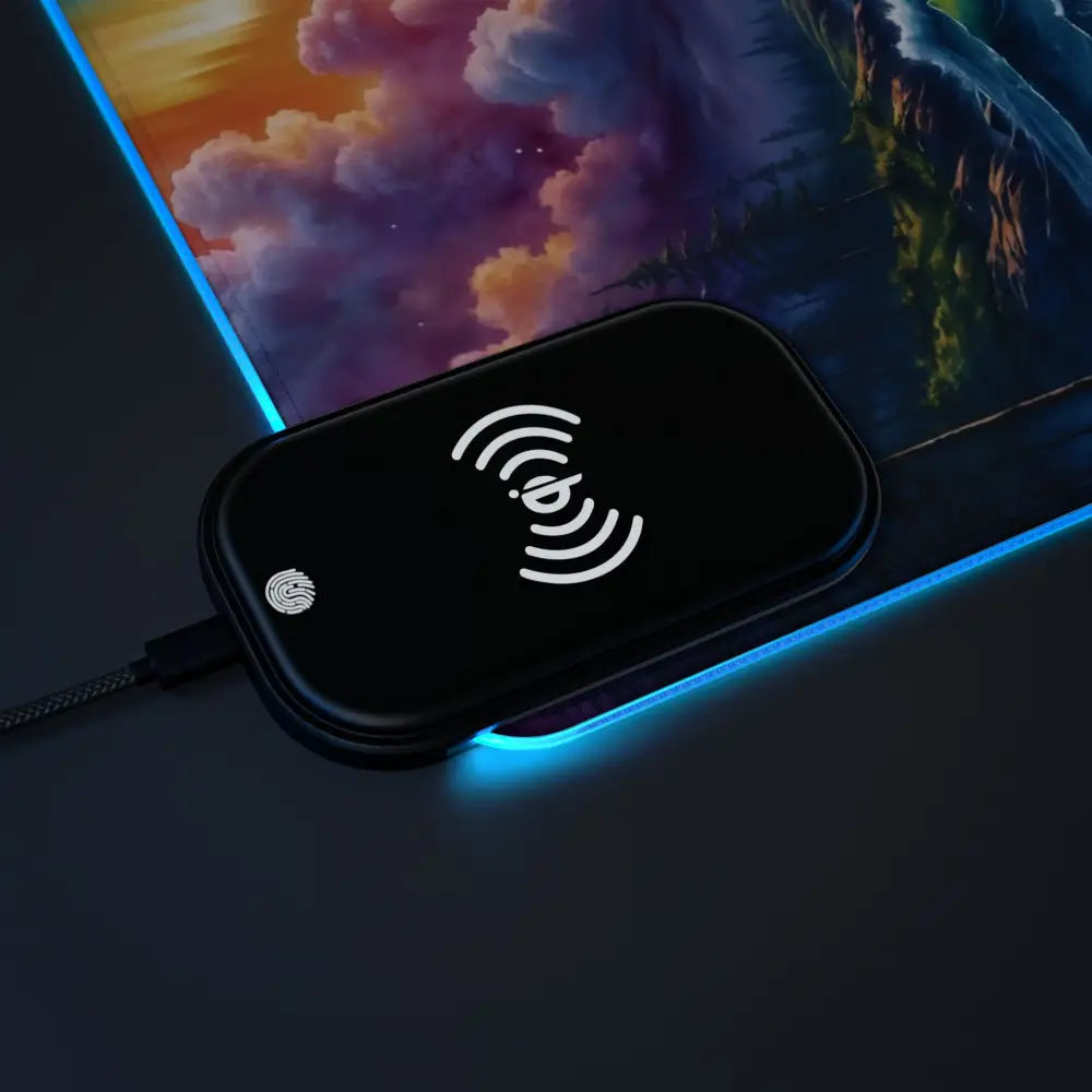 Black oval wireless charger with fingerprint sensor on Celestial Tide Gaming Mouse Pad