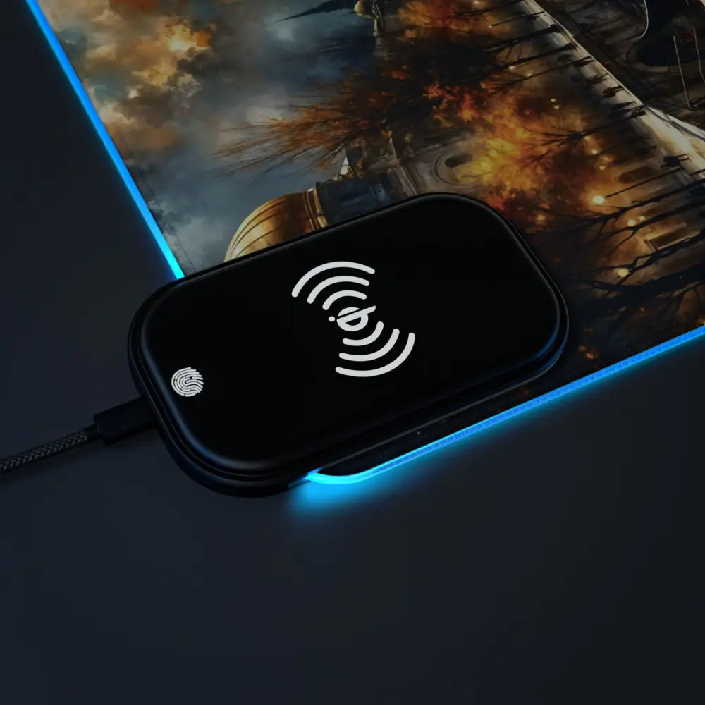 Black wireless charging pad with blue LED light strip from PixiOnyx Luminous Charge Deck