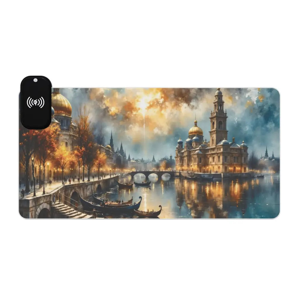 Panoramic cityscape meets cyberspace gaming mouse pad with wireless charging, surreal skyline glowing