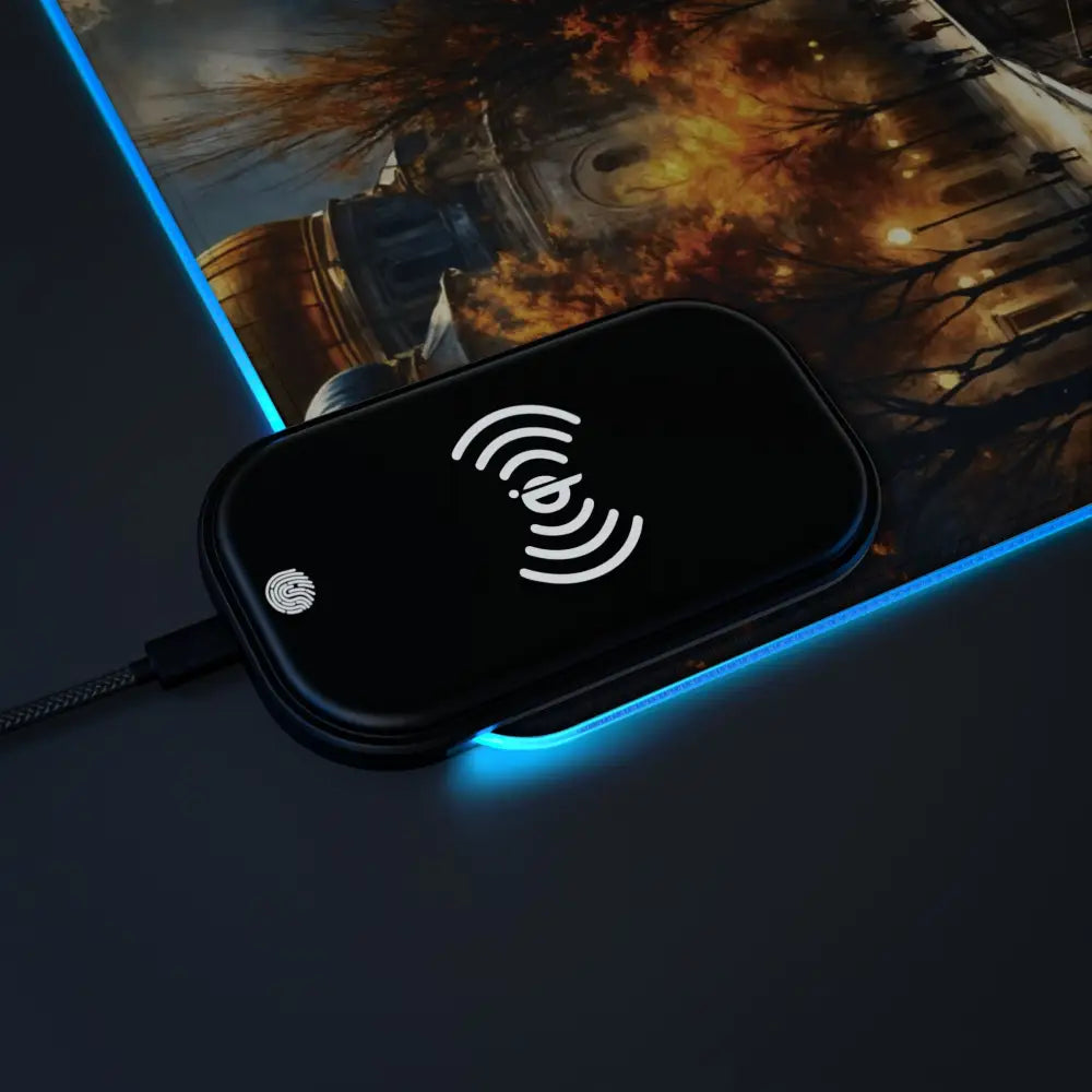Black wireless charging pad with blue LED lighting from PixiOnyx Luminous Charge Deck featuring surreal skyline glowing design