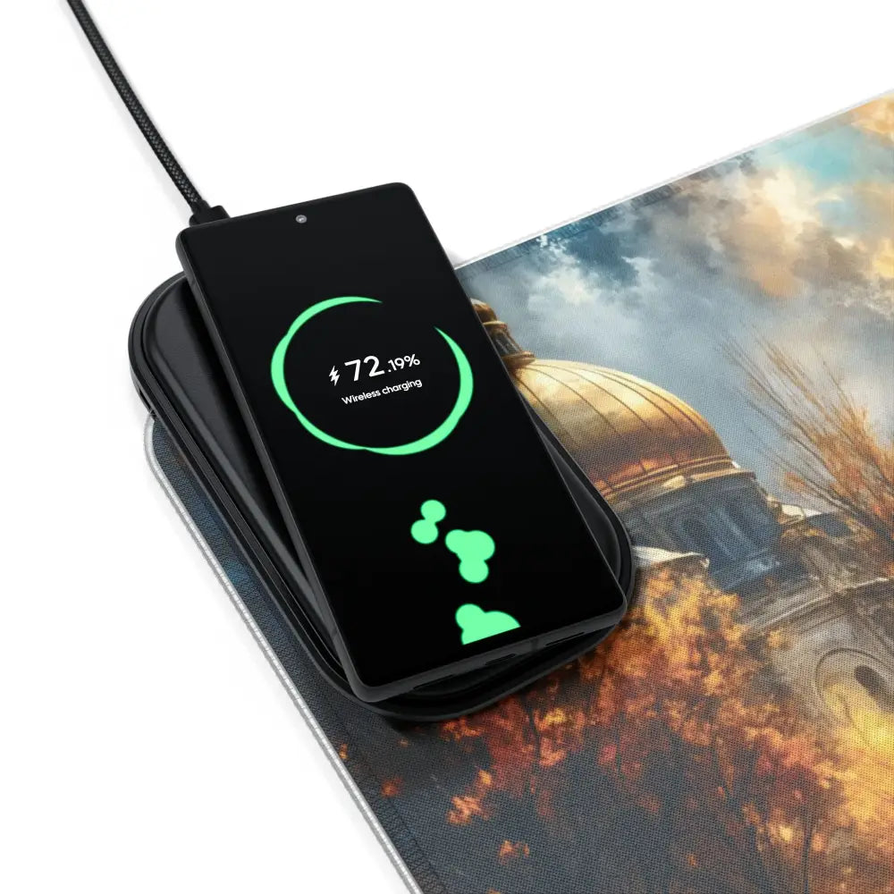 Smartphone wirelessly charging on Gaming Mouse Pad Echoes of Gold and Sky with surreal skyline glowing