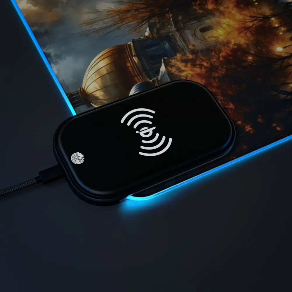Black wireless charging pad with glowing blue base from PixiOnyx Gaming Mouse Pad featuring surreal skyline glowing design