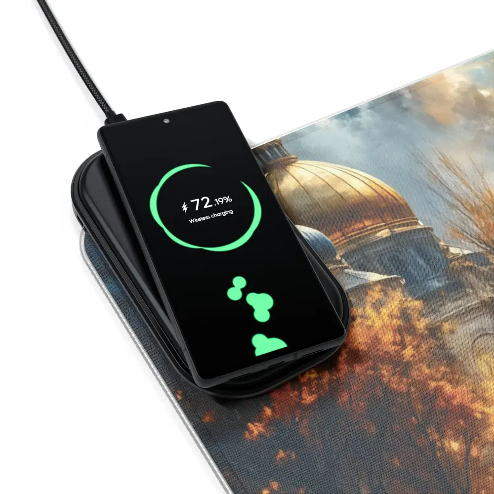 Black smartphone wirelessly charging on PixiOnyx Luminous Charge Deck with surreal skyline glowing design