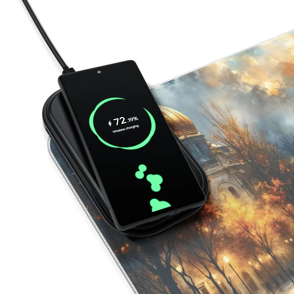 Black smartphone wirelessly charging on PixiOnyx Luminous Charge Deck with surreal skyline glowing