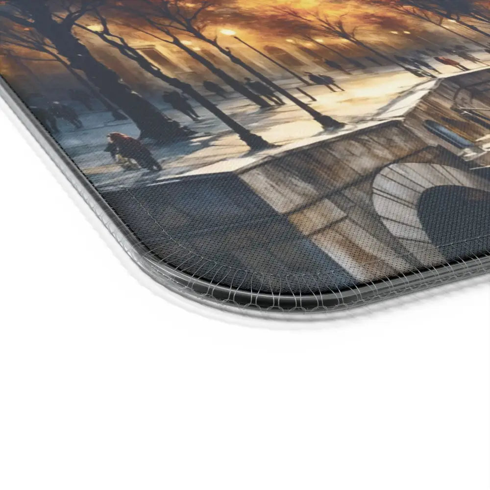 Rectangular gaming mouse pad with colorful park sunset scene, surreal skyline glowing design