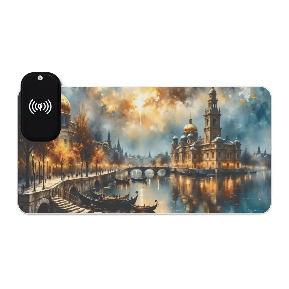 Desk mat with surreal skyline glowing European cityscape meets cyberspace and wireless charging