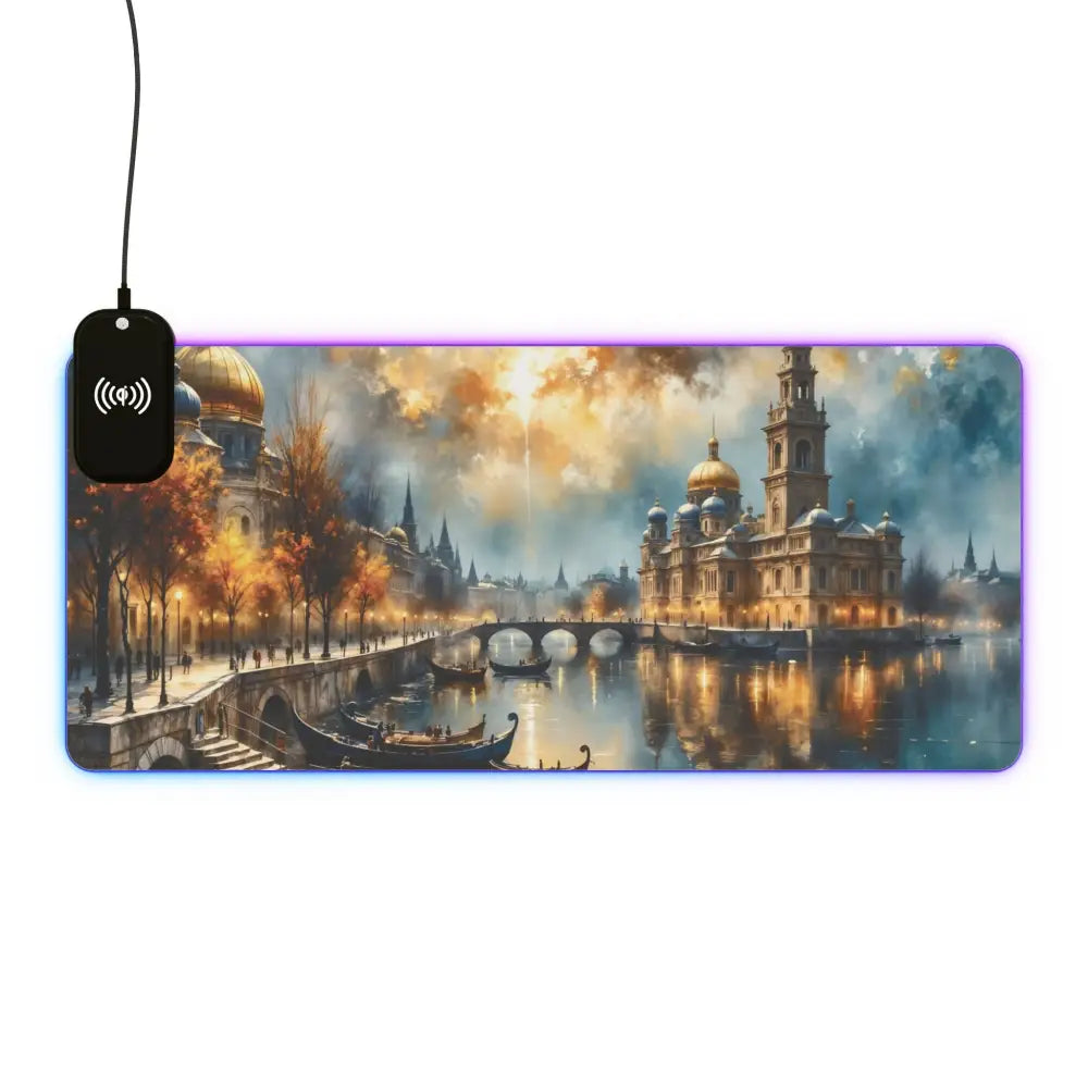 RGB gaming mouse pad with wireless charger featuring surreal skyline glowing cityscape art