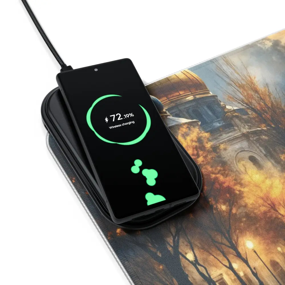 Wireless charging smartphone on PixiOnyx Luminous Charge Deck with surreal skyline glowing
