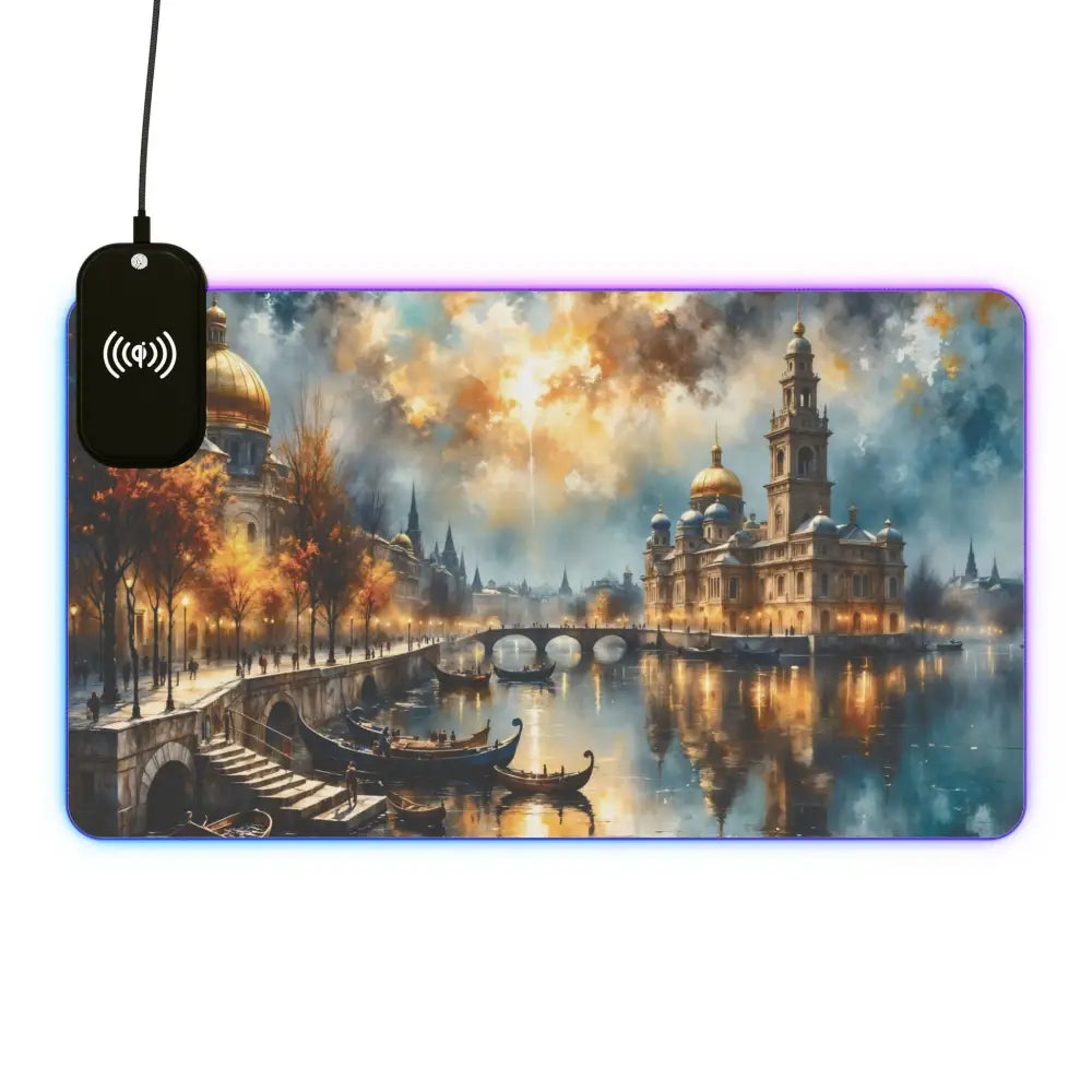RGB gaming mouse pad with wireless charging showcasing surreal skyline glowing and cityscape meets cyberspace design