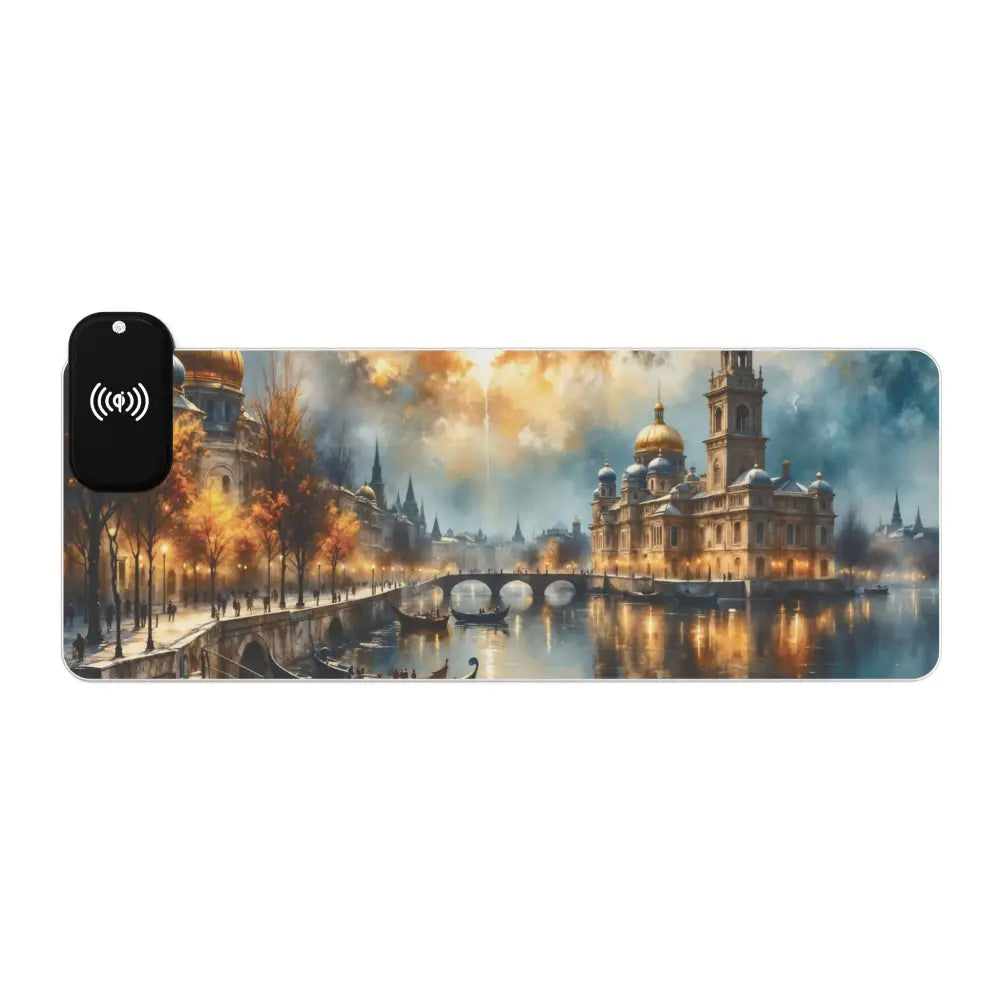 Extended gaming mouse pad with wireless charger and surreal skyline glowing cityscape meets cyberspace design
