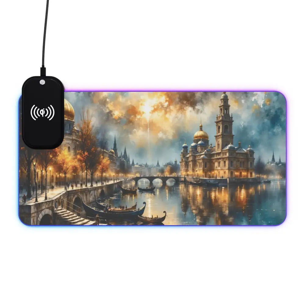 RGB LED gaming mouse pad with wireless charging featuring surreal skyline glowing design