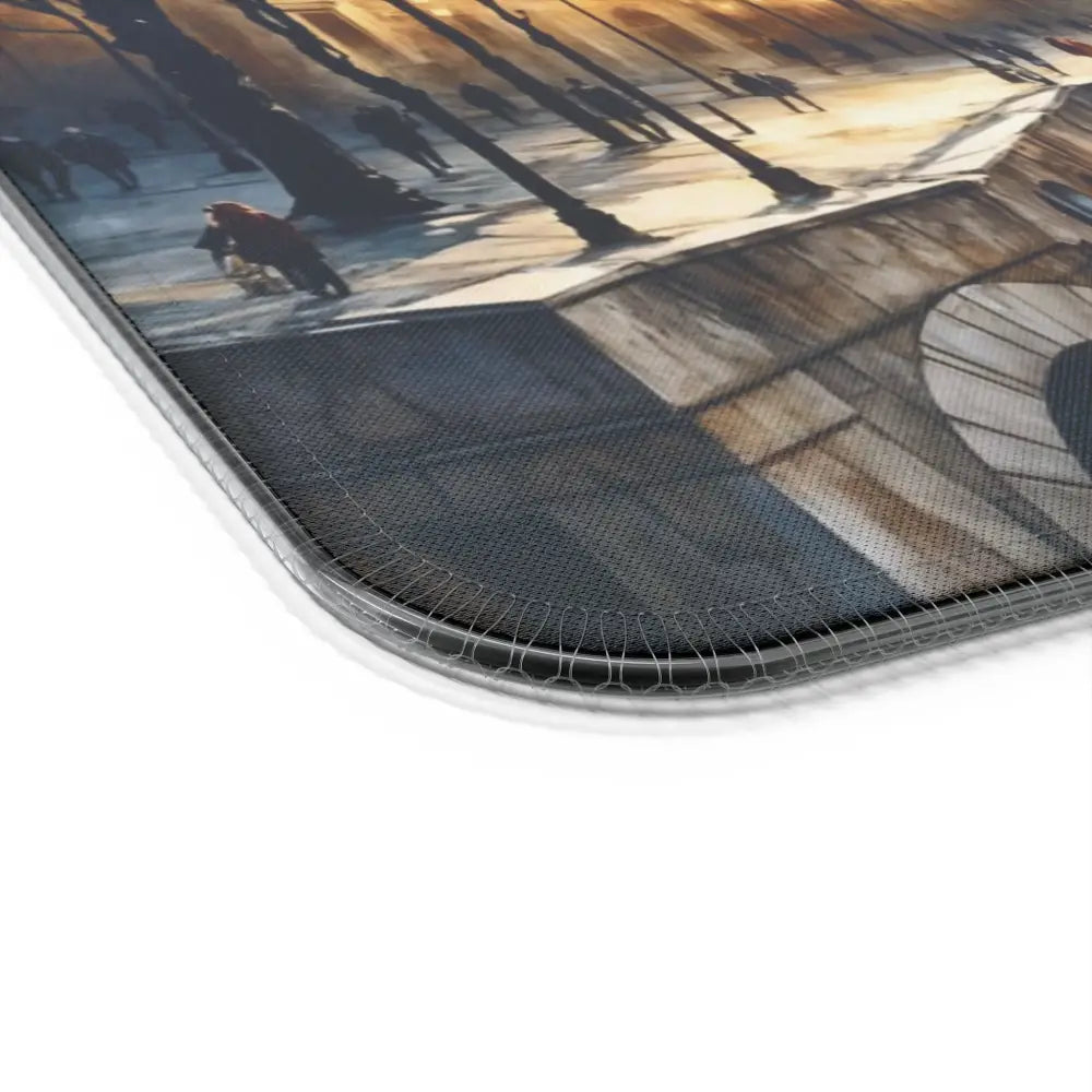 Rectangular gaming mouse pad with surreal cityscape meets cyberspace and glowing skyline design